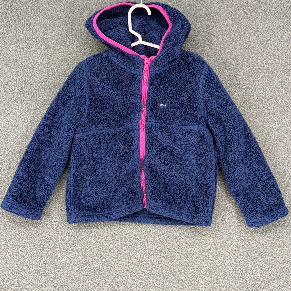 Vineyard Vines Girls 4T Navy Blue Pink Full Zip Sherpa Fleece Hoodie Jacket